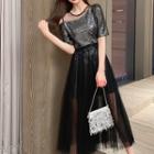 Short-sleeve Glitter Mini Dress / Mesh Midi Skirt / Set