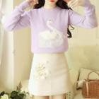 Swan Print Sweater / Floral Embroidered A-line Skirt / Set