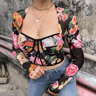 Floral Print Mesh Panel Long-sleeve Crop Top