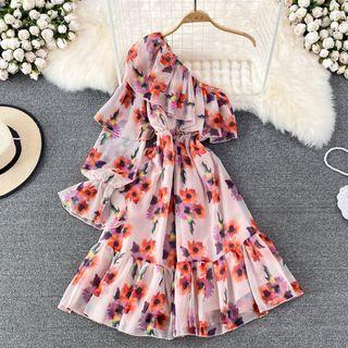 Single Shoulder Floral Ruffle Maxi Dress
