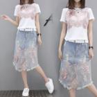 Set: Lace Panel Short Sleeve T-shirt + Denim Skirt