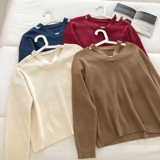 Plain V-neck Perforated Long-sleeve Sweater