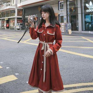 Long-sleeve Contrast Trim Midi A-line Shirtdress