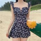 Spaghetti-strap Floral Print Lace-up Mini Dress Swimwear