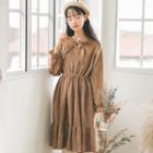 Long-sleeve Bow-accent A-line Corduroy Dress