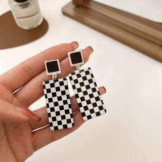 Checker Rectangle Dangle Earring 1 Pair - Black & White - One Size