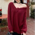V-neck Fray Hem Sweater Red - One Size