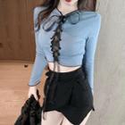 Long-sleeve Cropped Top Top - Blue - One Size