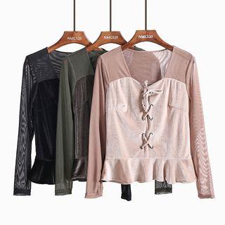 Ruffled-hem Mesh-panel Velvet Top