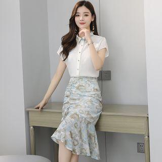 Set: Short-sleeve Shirt + Floral Print Midi Mermaid Skirt