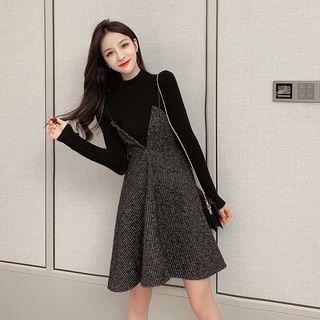 Set: Plain Knit Top + Sleeveless Check Dress