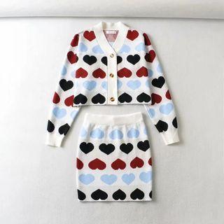 Heart Print Cardigan / Mini Pencil Skirt / Set
