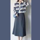 Color Block Patterned Cardigan / Midi A-line Skirt / Set