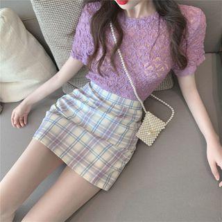Short-sleeve Lace Top / Plaid Mini A-line Skirt