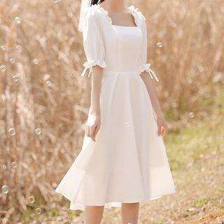 Bell-sleeve Ruffled Midi A-line Cocktail Dress