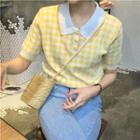 Checked Short-sleeve Knit Polo Shirt Yellow - One Size