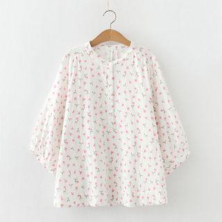 Dolman-sleeve Floral Print Henley Top White - One Size
