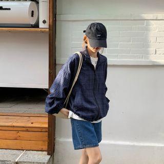 Plaid Zip Jacket Dark Blue - One Size