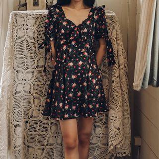 Puff-sleeve Floral Print Lace-up A-line Dress