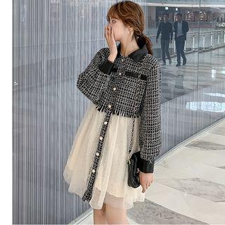 Tweed Mesh Panel A-line Coat Dress