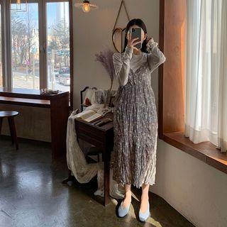 Spaghetti-strap Crinkled Long Floral Dress