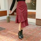Diagonal Ruffle-hem Stripe Midi Wrap Skirt