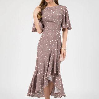 Elbow-sleeve Dotted Midi Mermaid Dress