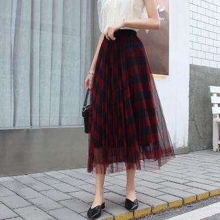 Plaid Mesh Midi A-line Skirt