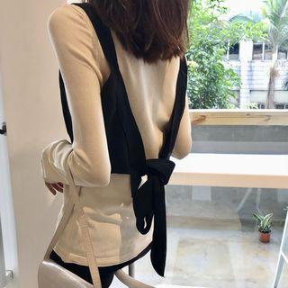 Set: Plain Sleeveless Top + Long-sleeve Knit Top Blue - One Size