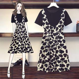 Short-sleeve Heart Print Panel A-line Dress