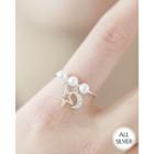 Faux-pearl Star & Crescent Dangle Silver Ring