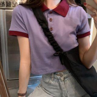 Short-sleeve Polo Collared Contrast Trim Cropped Top