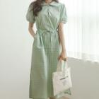 Puff-sleeve Buttoned Long Gingham Dress With Sash