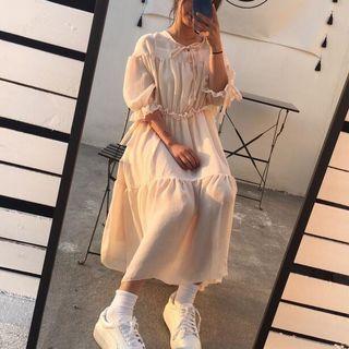 Elbow-sleeve Plain Loose-fit Ruffle A-line Dress