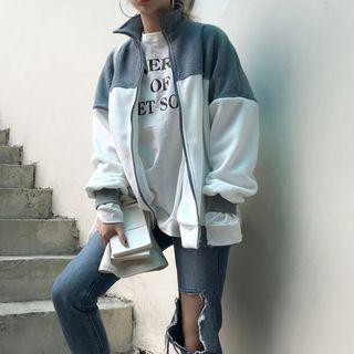 Mock Turtleneck Color Block Zip Jacket Gray - One Size