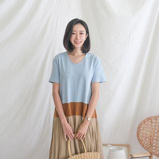 Color-block Pleated-hem Long Dress