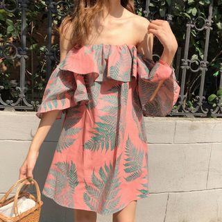 Off-shoulder Ruffled Leaf Print A-line Dress