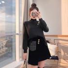Set: Mock-neck Pin Detail Pullover + Asymmetric A-line Skirt