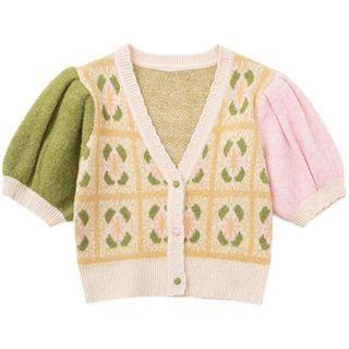 Puff-sleeve Printed Cardigan