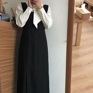 Long-sleeve Bow Accent Blouse / Midi Pinafore Dress