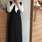 Long-sleeve Bow Accent Blouse / Midi Pinafore Dress