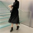 Long-sleeve Sheer Panel Midi Dress Black - One Size