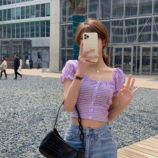 Short-sleeve Plaid Blouse Plaid - Purple & White - One Size