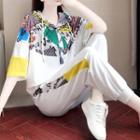 Set: Elbow-sleeve Drawstring Printed T-shirt / Drawstring Cuffed Sweatpants