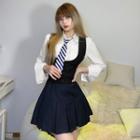 Shirt / Striped Neck Tie / Button-up Vest / Pleated A-line Skirt