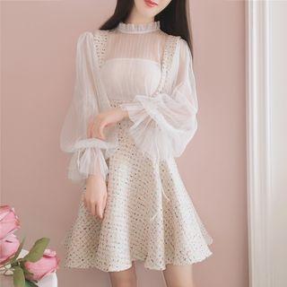 Set: Puff-sleeve Frill Collar Mesh Top + Tweed Pinafore Dress