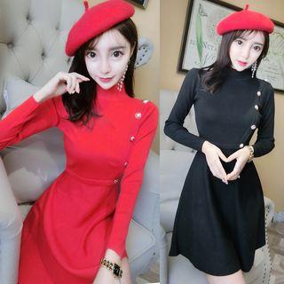 Long-sleeve Mock-neck Mini A-line Knit Dress
