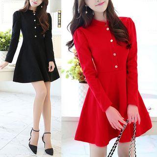 Plain Long-sleeve Stand-collar Dress