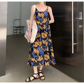 Elbow-sleeve T-shirt / Spaghetti Strap Floral Print Dress