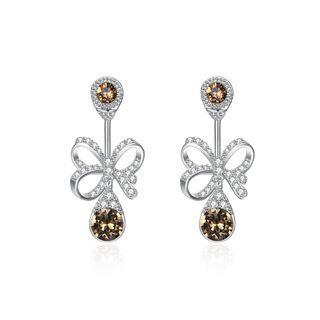 925 Sterling Silver Elegant Fashion Romantic Bowknot And Water Drop Shape Earrings With Champagne Austrian Element Crystal Champagne - One Size